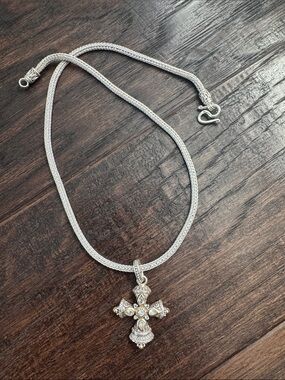 Barbara Bixby Cross Pendant Necklace Sterling Silver White Topaz 18k Gold